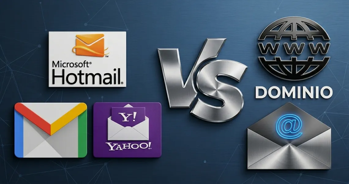 Comparativa visual entre correos gratuitos como Hotmail y Yahoo frente a un dominio corporativo propio